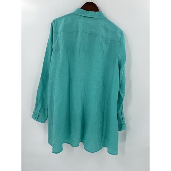 Eileen Fisher Shirt 100% Organic Irish Linen ButtonFront A Line Tunic Aqua LARGE - Picture 6 of 13